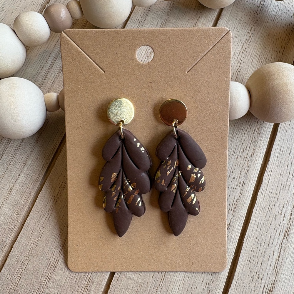 Handmade Brown Evergreen Leaf Earrings with Gold Accents | Boho Nature Jewelry